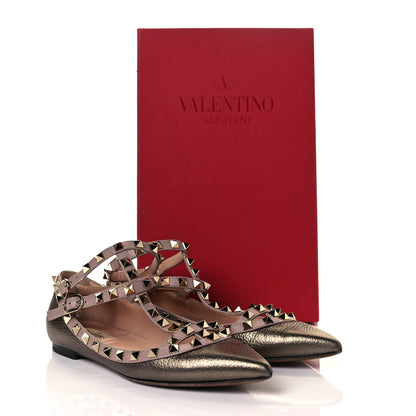 Valentino Garavani Metallic Pebbled Calfskin Rockstud Cage Ballerina Flats 37 Sasso Poudre 26 of 27