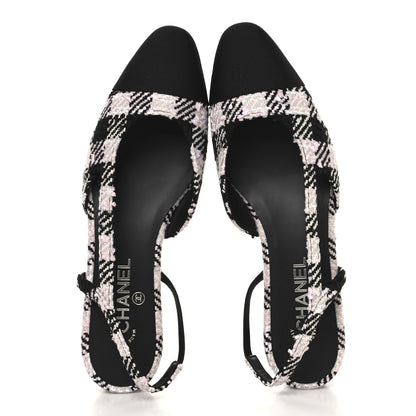Chanel Tweed Cap Toe CC Slingback Flats 41 Black Pink White 2 of 9