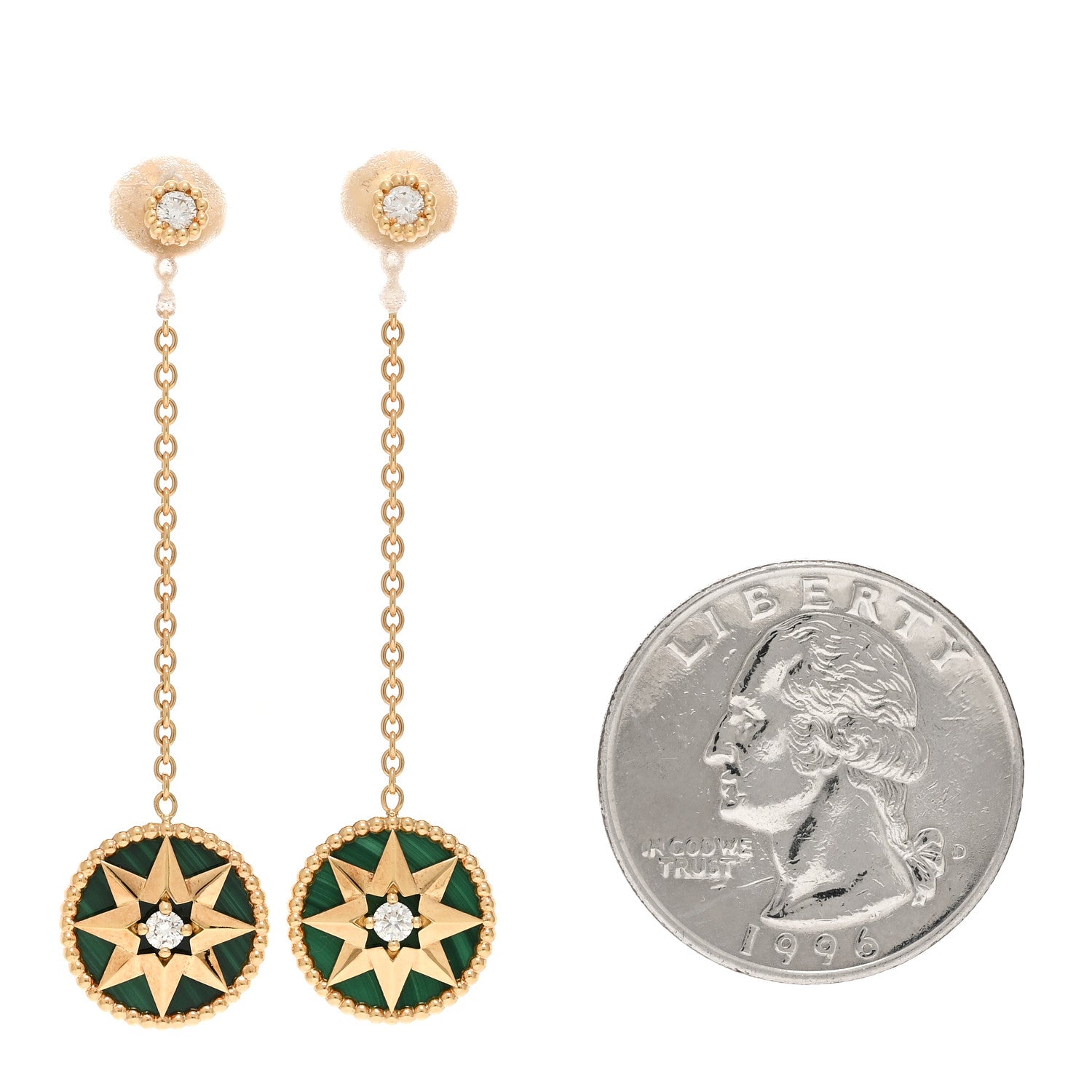 Christian Dior 18K Yellow Gold Diamond Malachite Rose Des Vents Drop Earrings 2 of 4