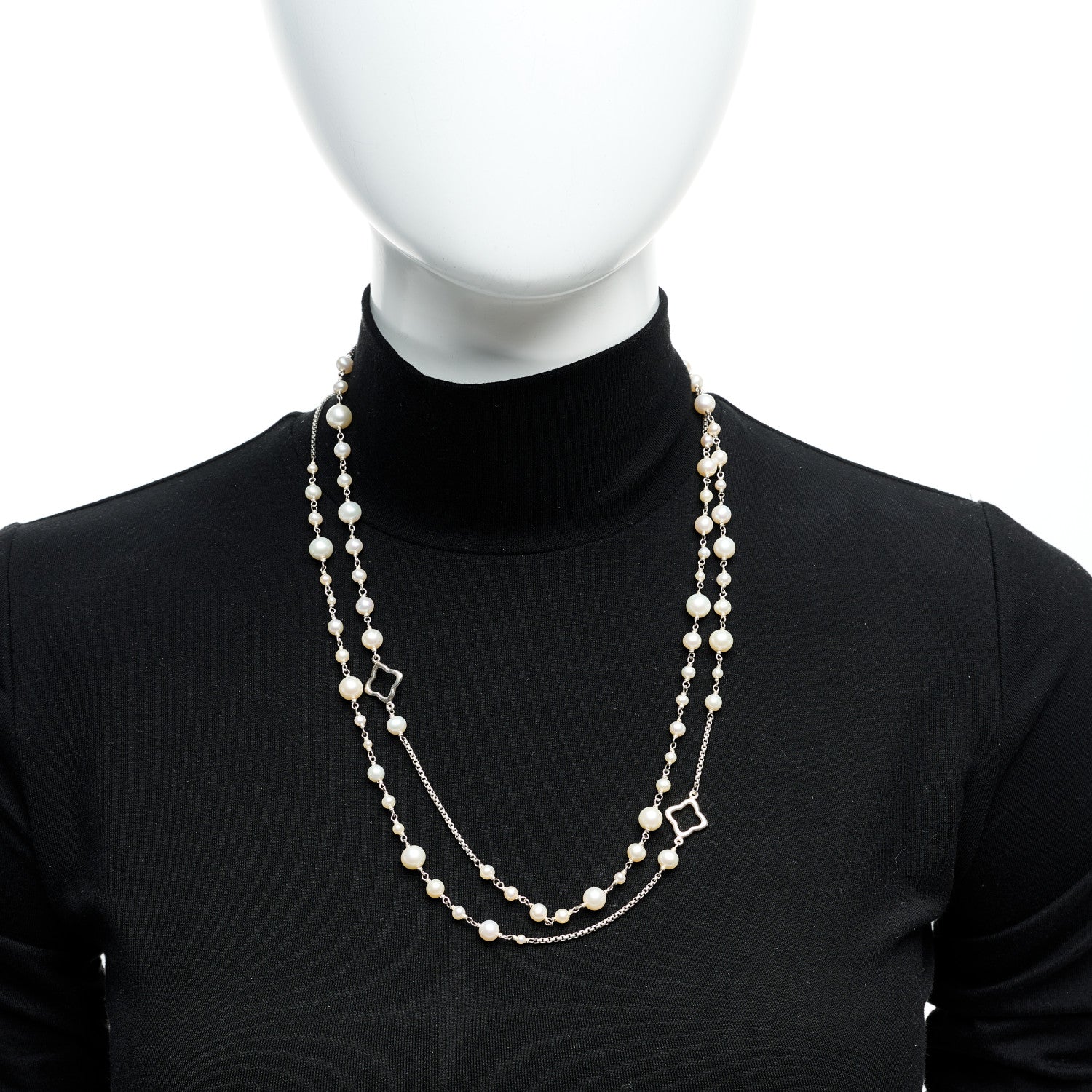 David Yurman Sterling Silver Cultured Pearl Quatrefoil Long Chain Necklace 2 of 5