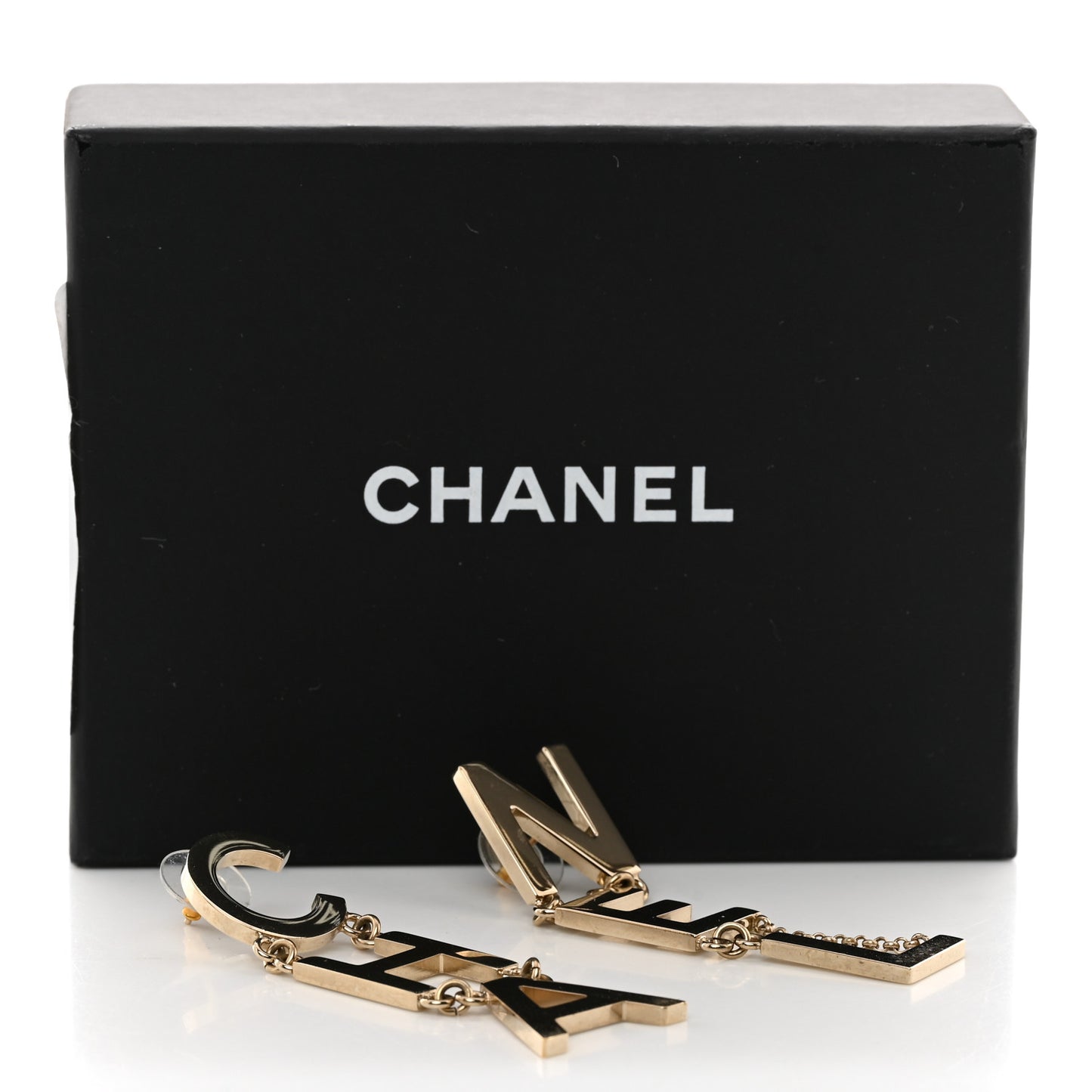 Metal Cha-Nel Logo Drop Earrings Gold