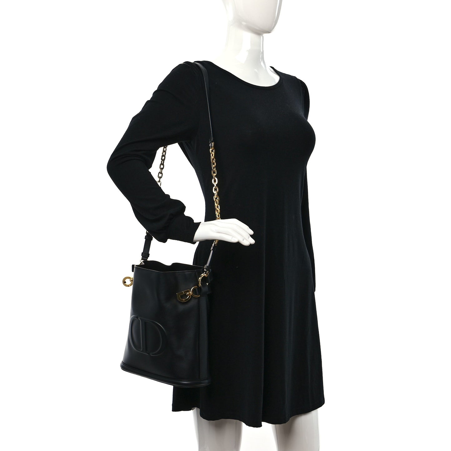 Calfskin CD Embossed Medium C'est Chain Bucket Bag Black