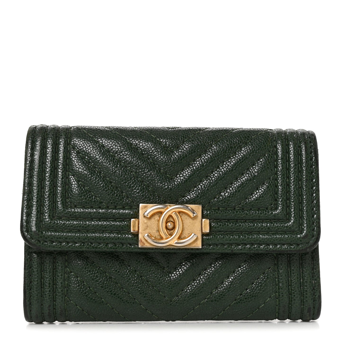 Caviar Chevron Quilted Boy Flap Card Holder Green