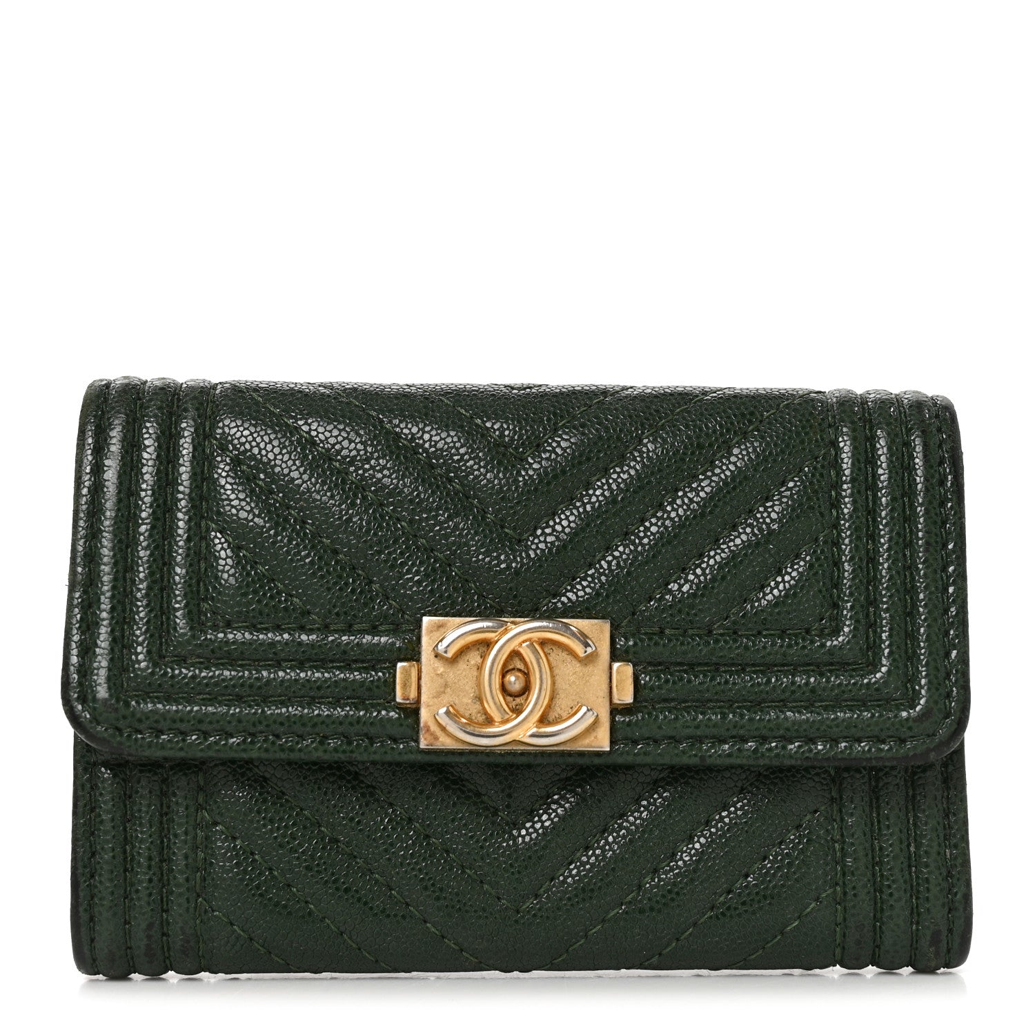 Chanel Caviar Chevron Quilted Boy Flap Card Holder Green 1 of 7