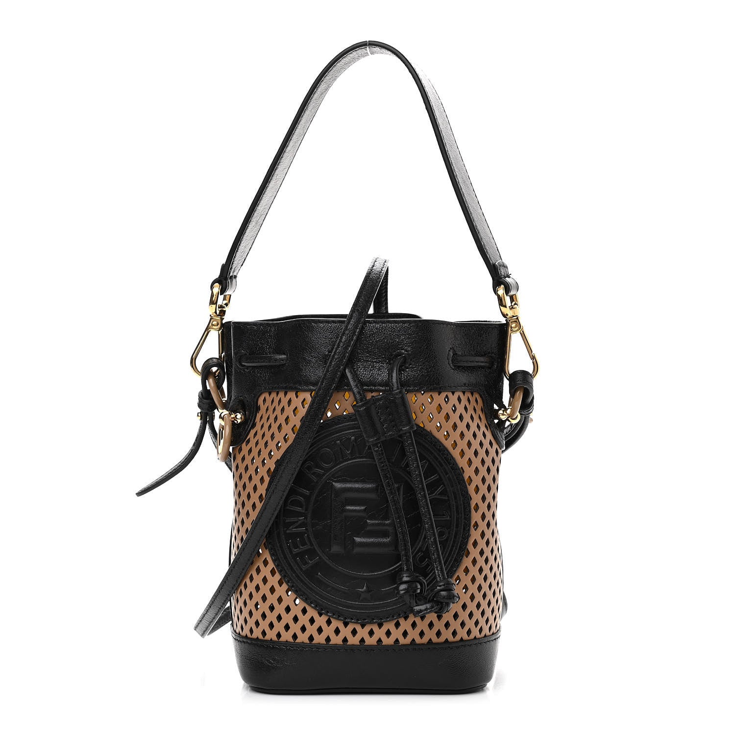 Fendi Vitello Liberty Glossy Lambskin F is Fendi Perforated Mini Mon Tresor Bucket Bag Sand Mimosa Black 1 of 13