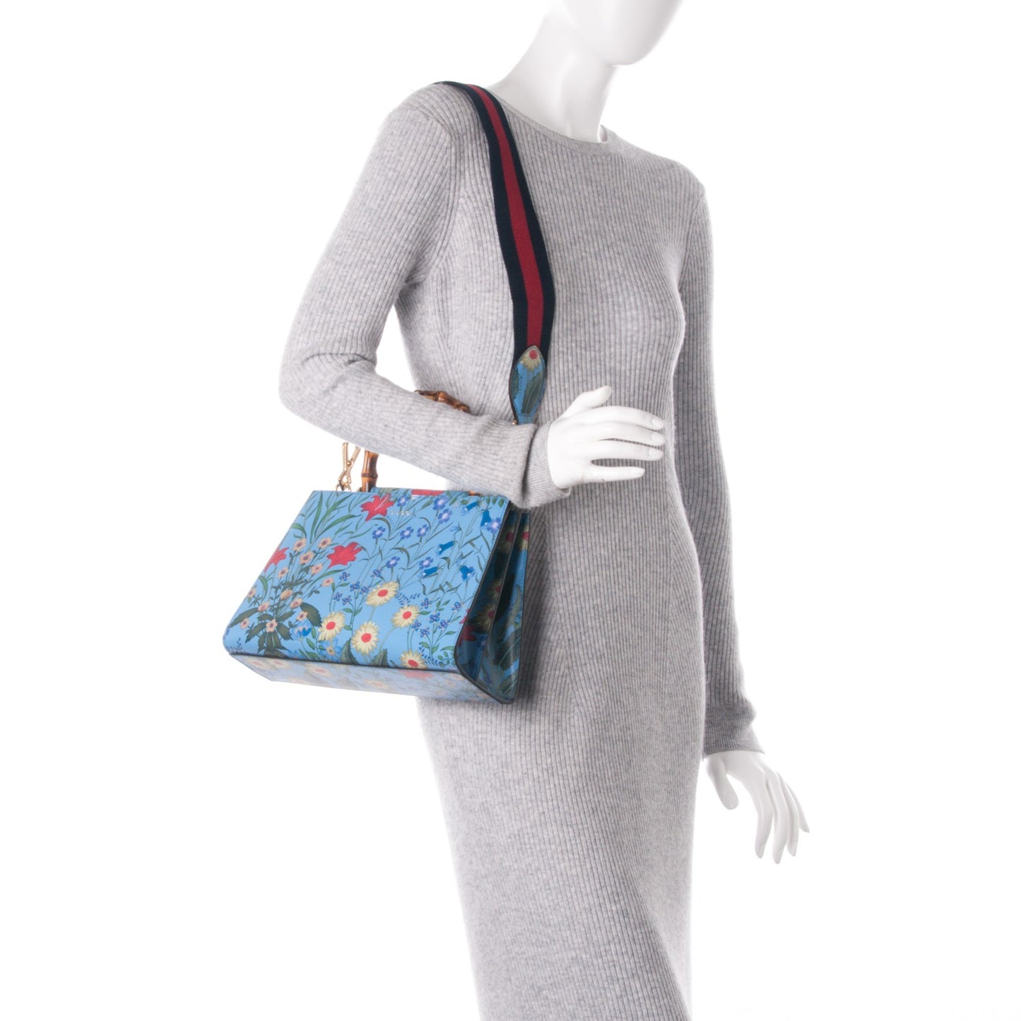 Calfskin Bamboo Web New Flora Small Nymphaea Top Handle Bag Azure