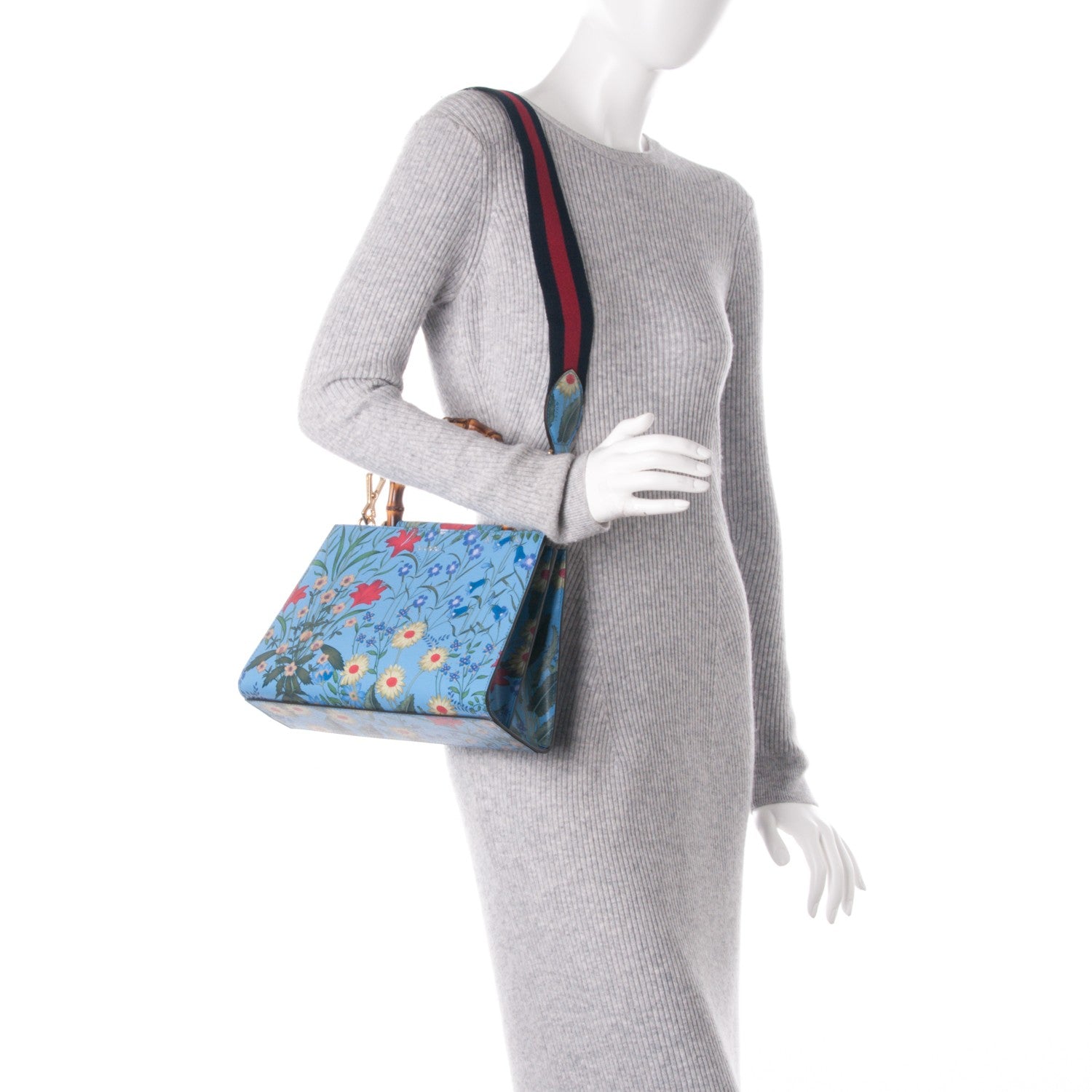 Gucci Calfskin Bamboo Web New Flora Small Nymphaea Top Handle Bag Azure 3 of 8