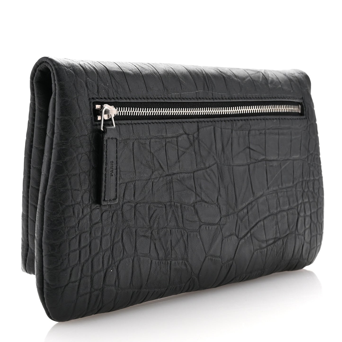 Calfskin Crocodile Embossed West Hollywood Monogram Fold Over Clutch Black