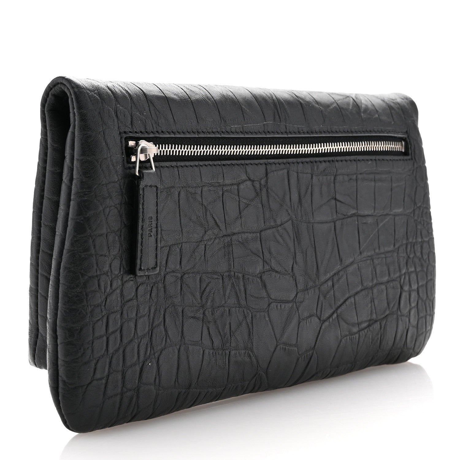 Saint Laurent Calfskin Crocodile Embossed West Hollywood Monogram Fold Over Clutch Black 3 of 7