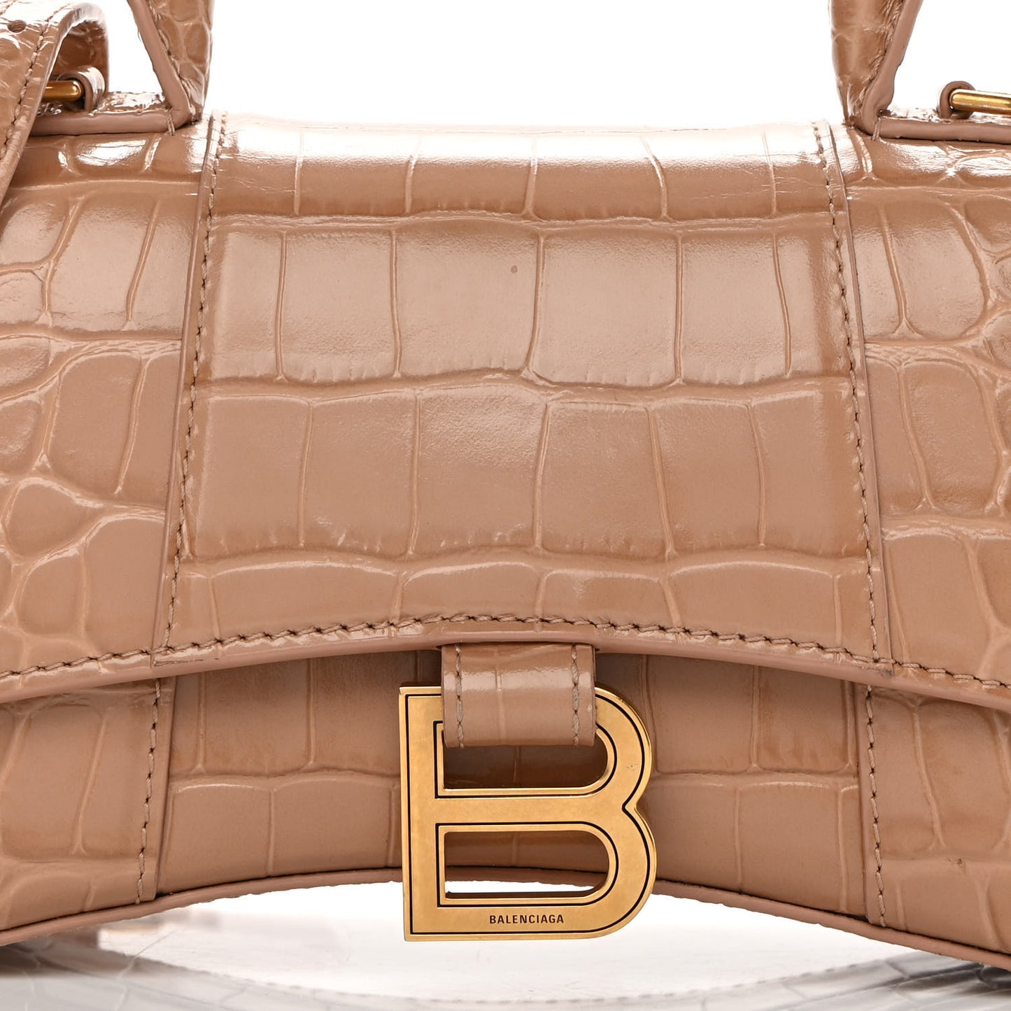 Shiny Calfskin Crocodile Embossed Hourglass Top Handle Bag XS Nude Beige