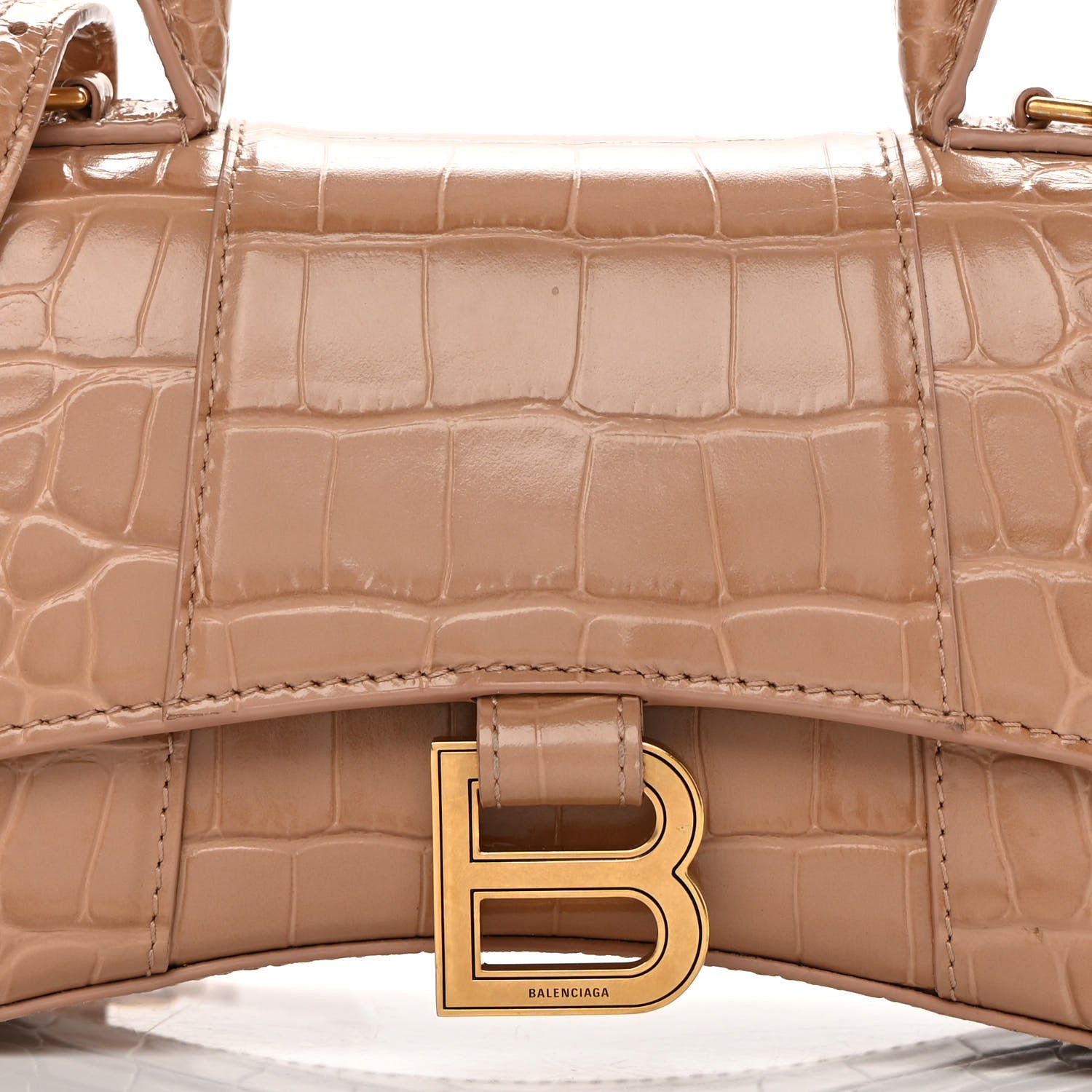 Balenciaga Shiny Calfskin Crocodile Embossed Hourglass Top Handle Bag XS Nude Beige 9 of 16