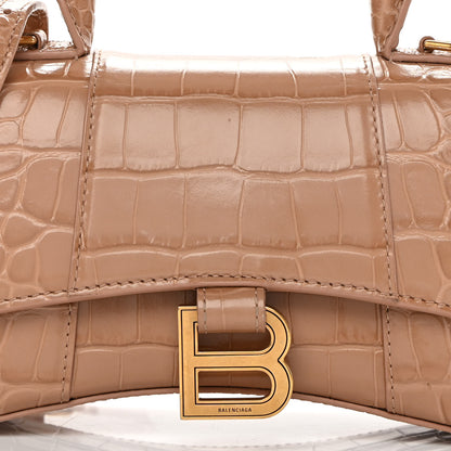 Balenciaga Shiny Calfskin Crocodile Embossed Hourglass Top Handle Bag XS Nude Beige 9 of 16