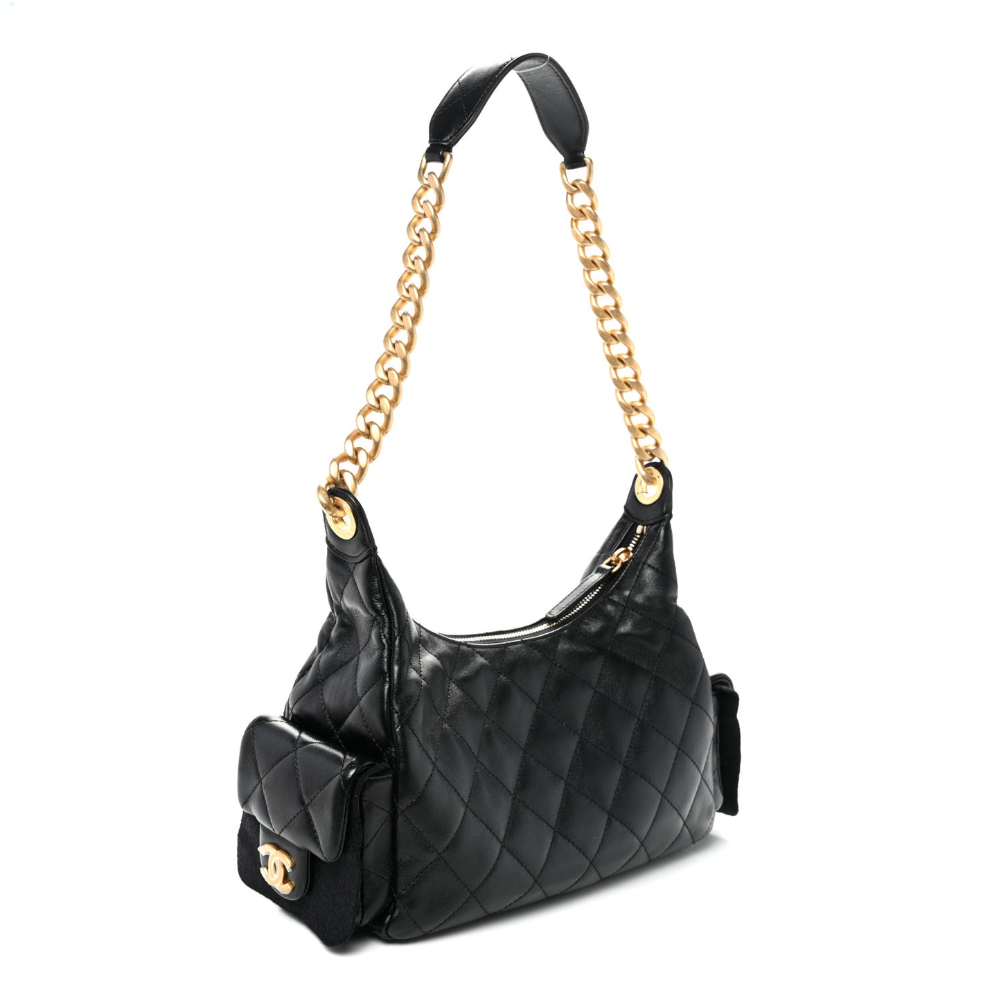 Shiny Lambskin Quilted Trendy Pockets Hobo Black