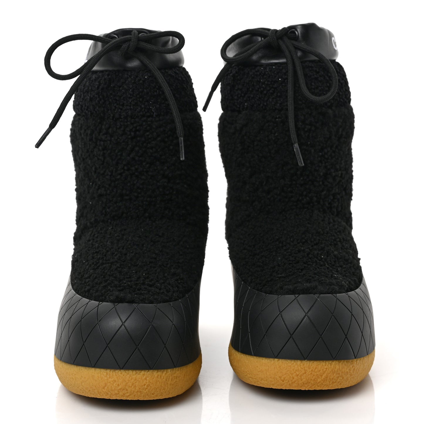 Tweed Shearling Sheepskin Drawstring Snow Ankle Boots 35 Black