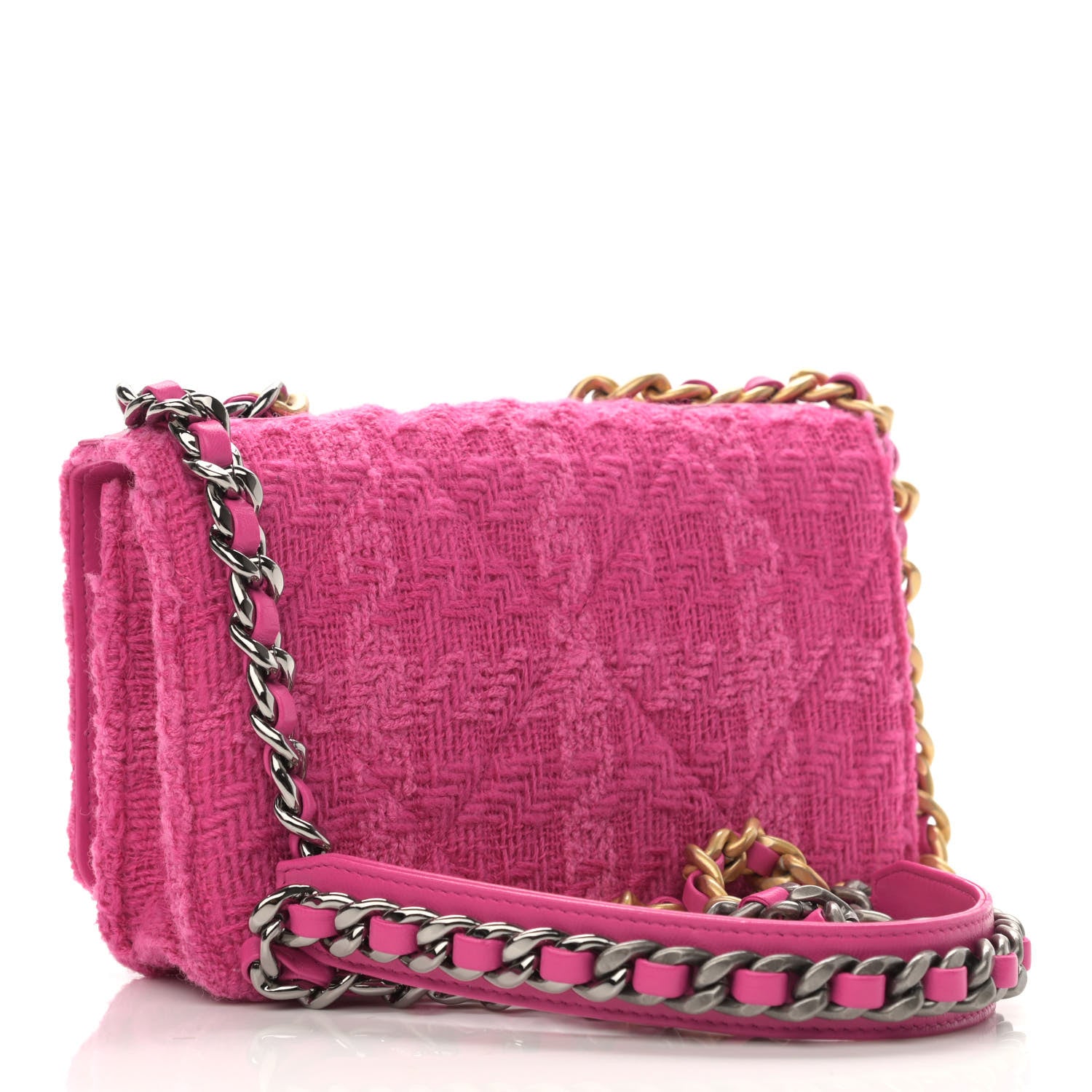Chanel Wool Tweed Lambskin Quilted Chanel 19 Wallet On Chain WOC and Coin Purse Fuchsia 4 of 13