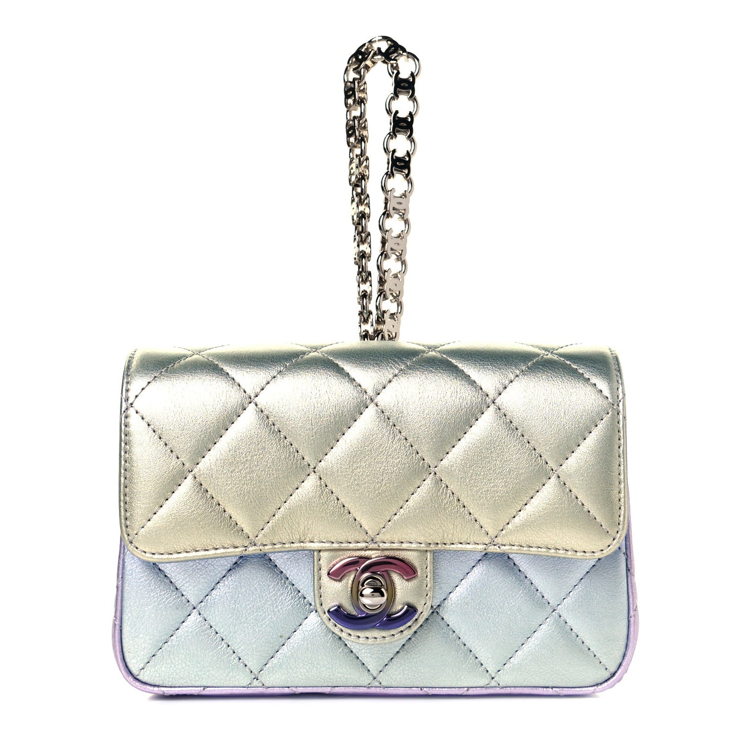 Gradient Metallic Calfskin Quilted Clutch Silver Blue Yellow Purple