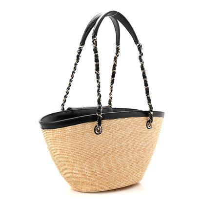 Chanel Raffia Braided Lambskin Small Shopping Tote Beige Black 4 of 12