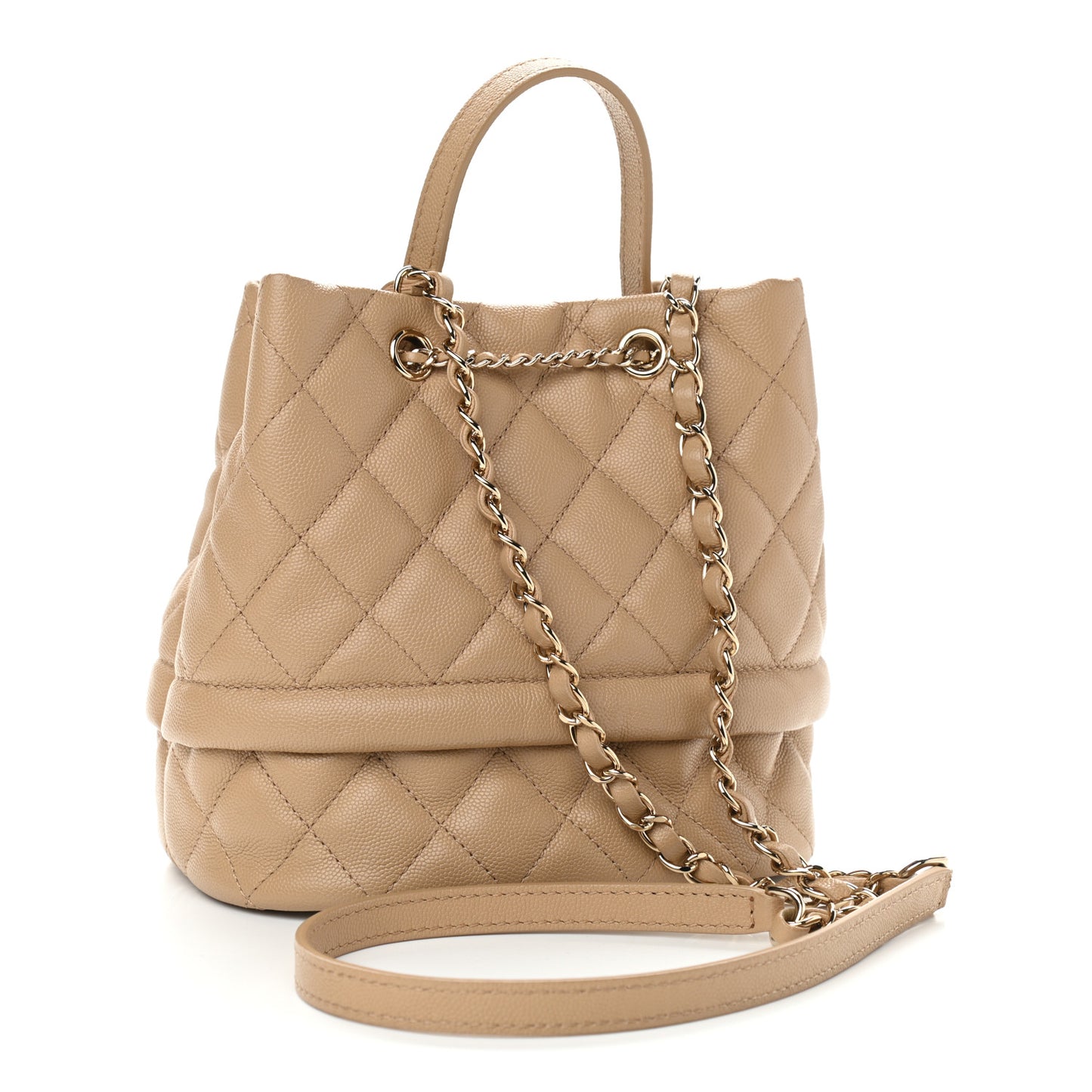 Caviar Quilted Rolled Up Bucket Drawstring Bag Beige