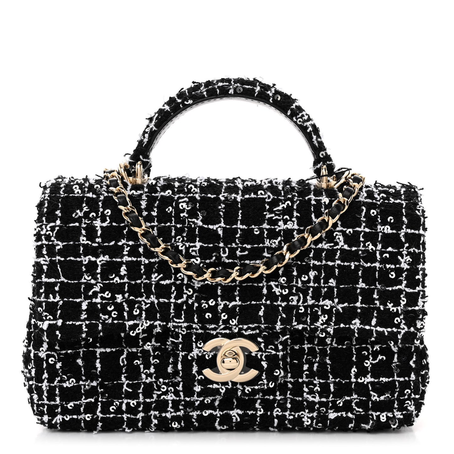 Tweed Quilted Mini Top Handle Rectangular Flap Black White