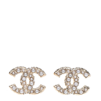 Chanel Metal Graduated Pearl Crystal CC Earrings Light Gold 1 of 6