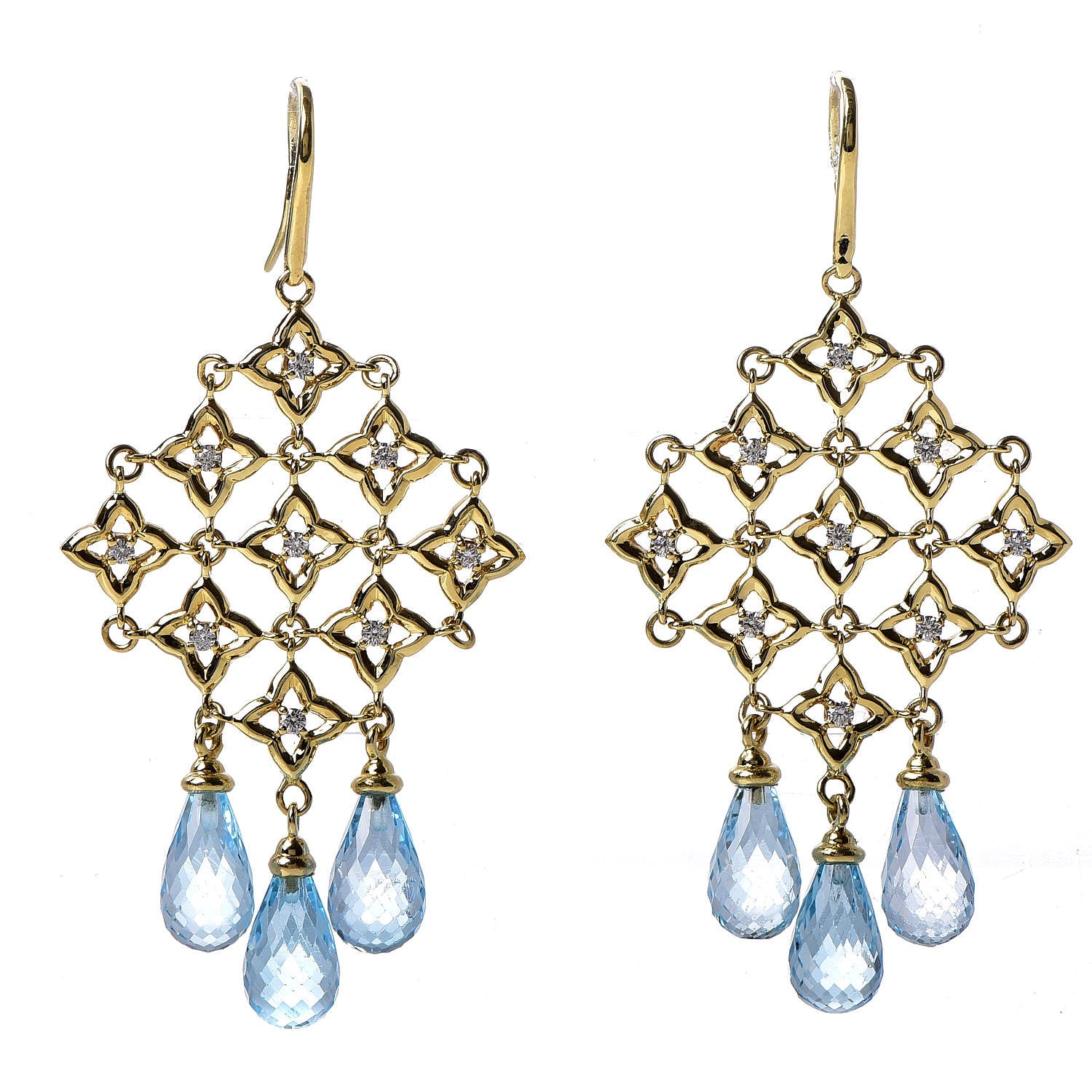 David Yurman 18K Yellow Gold Diamond Blue Topaz Quatrefoil Drop Earrings 1 of 5