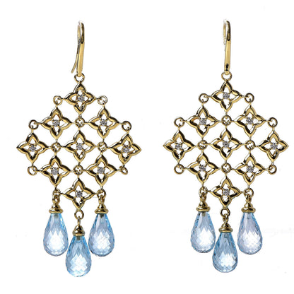 David Yurman 18K Yellow Gold Diamond Blue Topaz Quatrefoil Drop Earrings 1 of 5