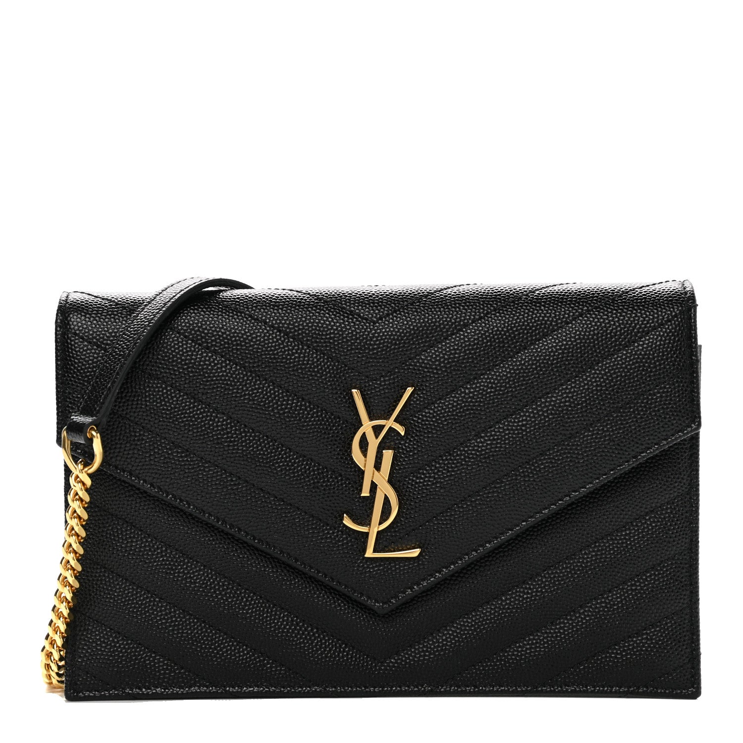Saint Laurent Grain De Poudre Matelasse Chevron Monogram Envelope Chain Wallet Black 1 of 11