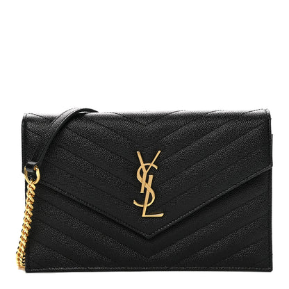 Saint Laurent Grain De Poudre Matelasse Chevron Monogram Envelope Chain Wallet Black 1 of 11