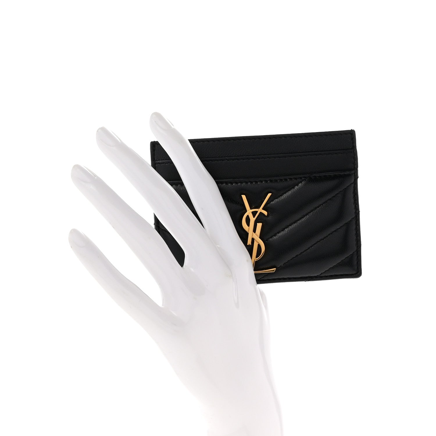 Saint Laurent Lambskin Matelasse Chevron Monogram Credit Card Case Black 2 of 8