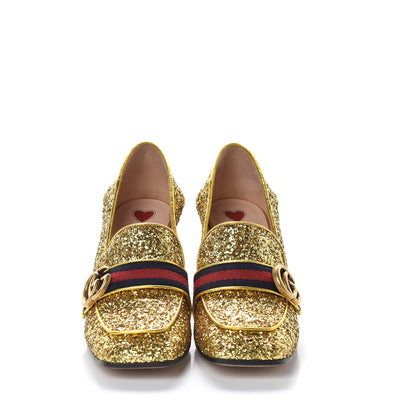 Gucci Glitter Nappa Web Peyton 75mm Loafer Pumps 38.5 Oro Vecchio 3 of 11