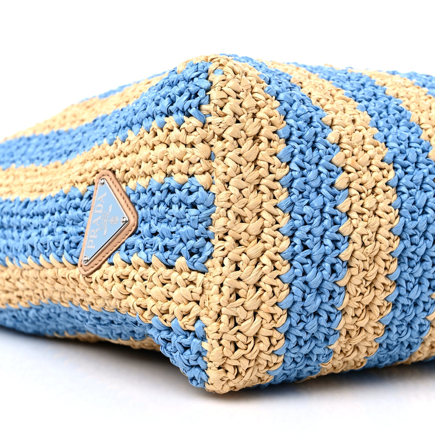 Yarn Raffia Effect Crochet Striped Large Logo Tote Naturale Celeste