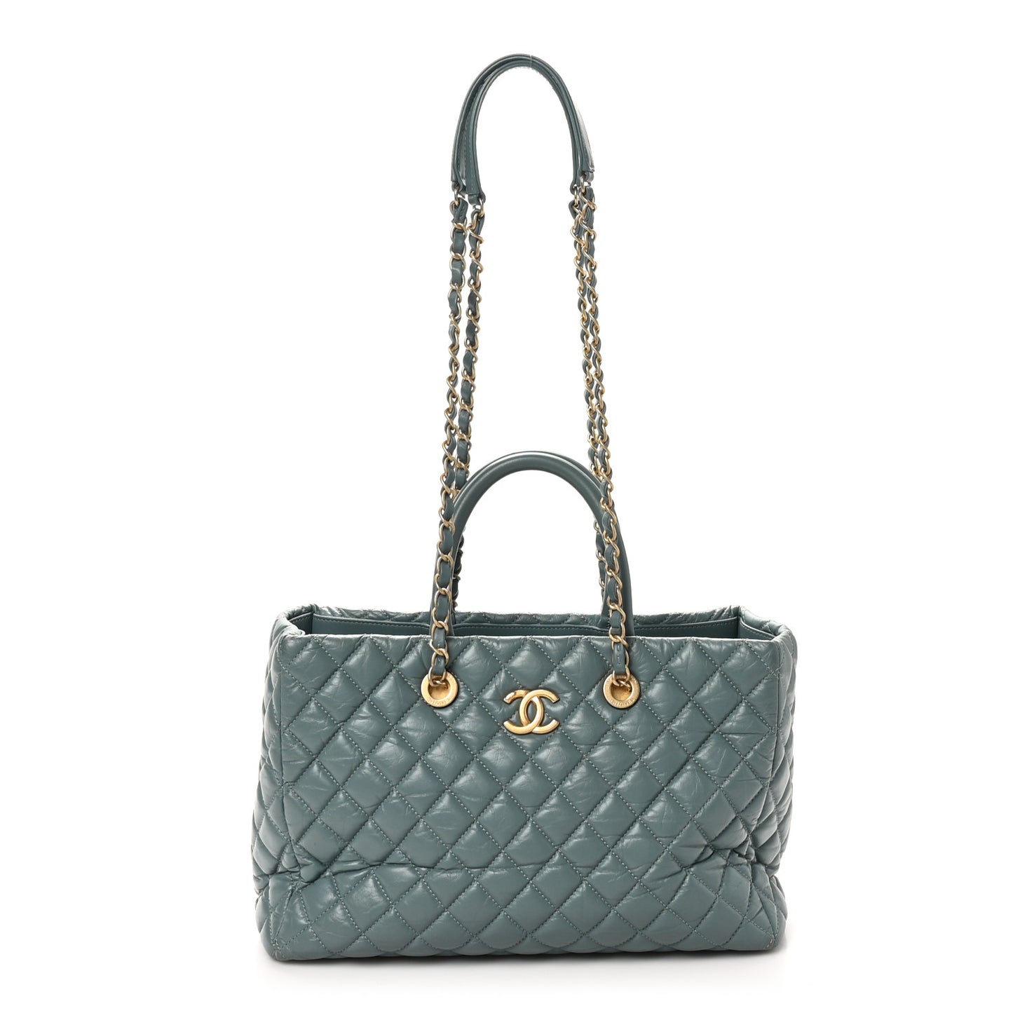 Aged Calfskin Quilted Large Coco Handle Shopping Tote Blue