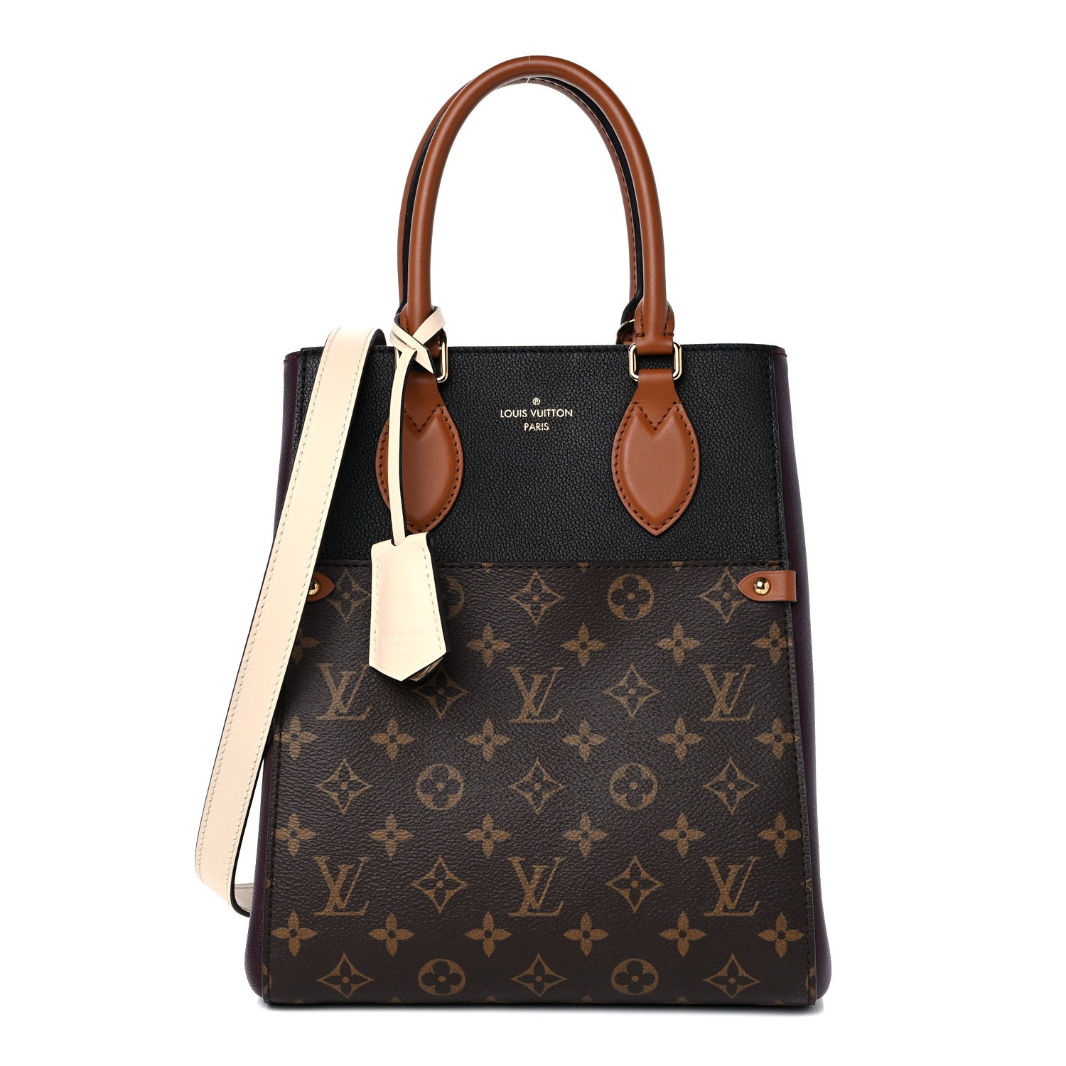 Louis Vuitton Calfskin Monogram Fold Tote MM Black Wine Cream 1 of 10