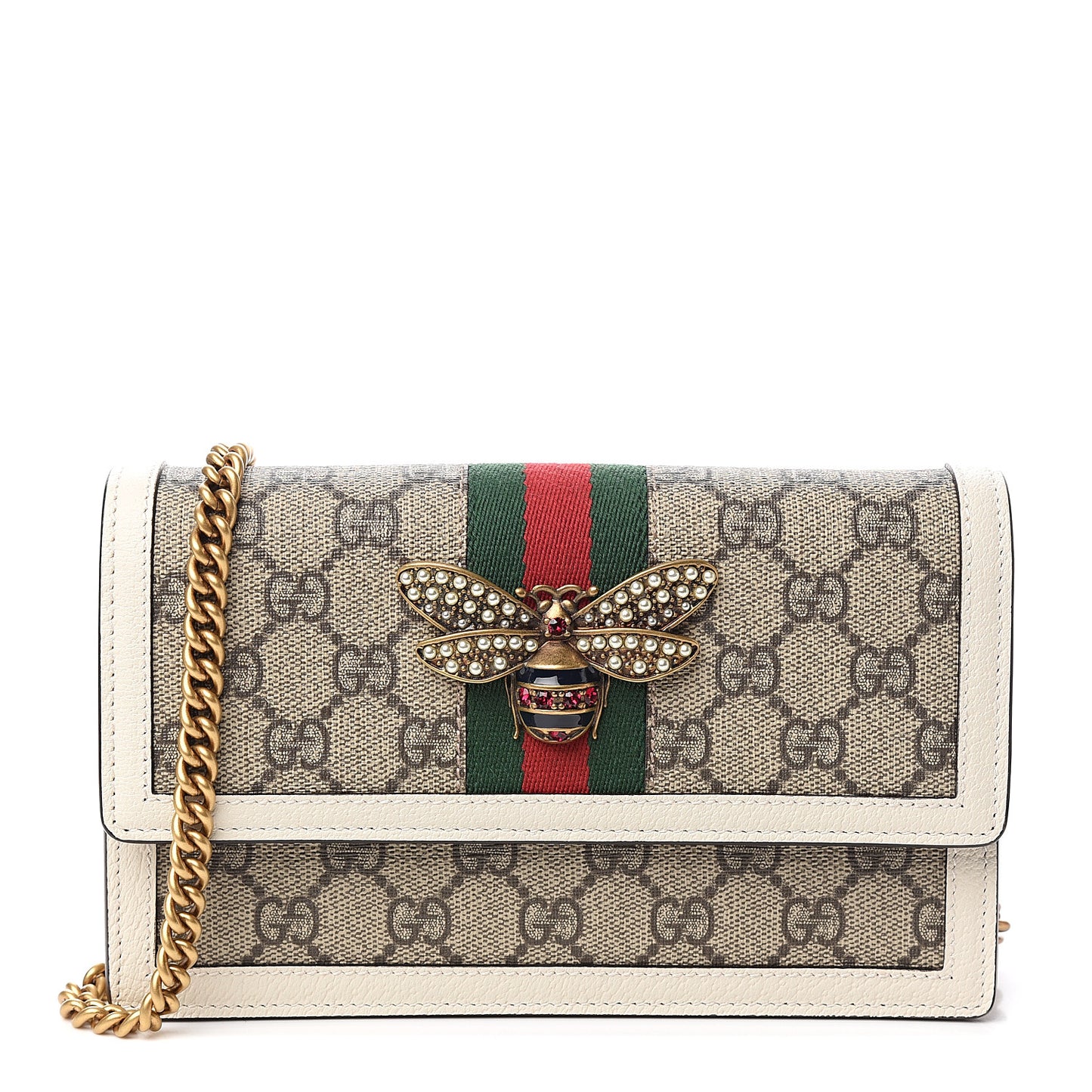 GG Supreme Monogram Web Queen Margaret Chain Wallet White