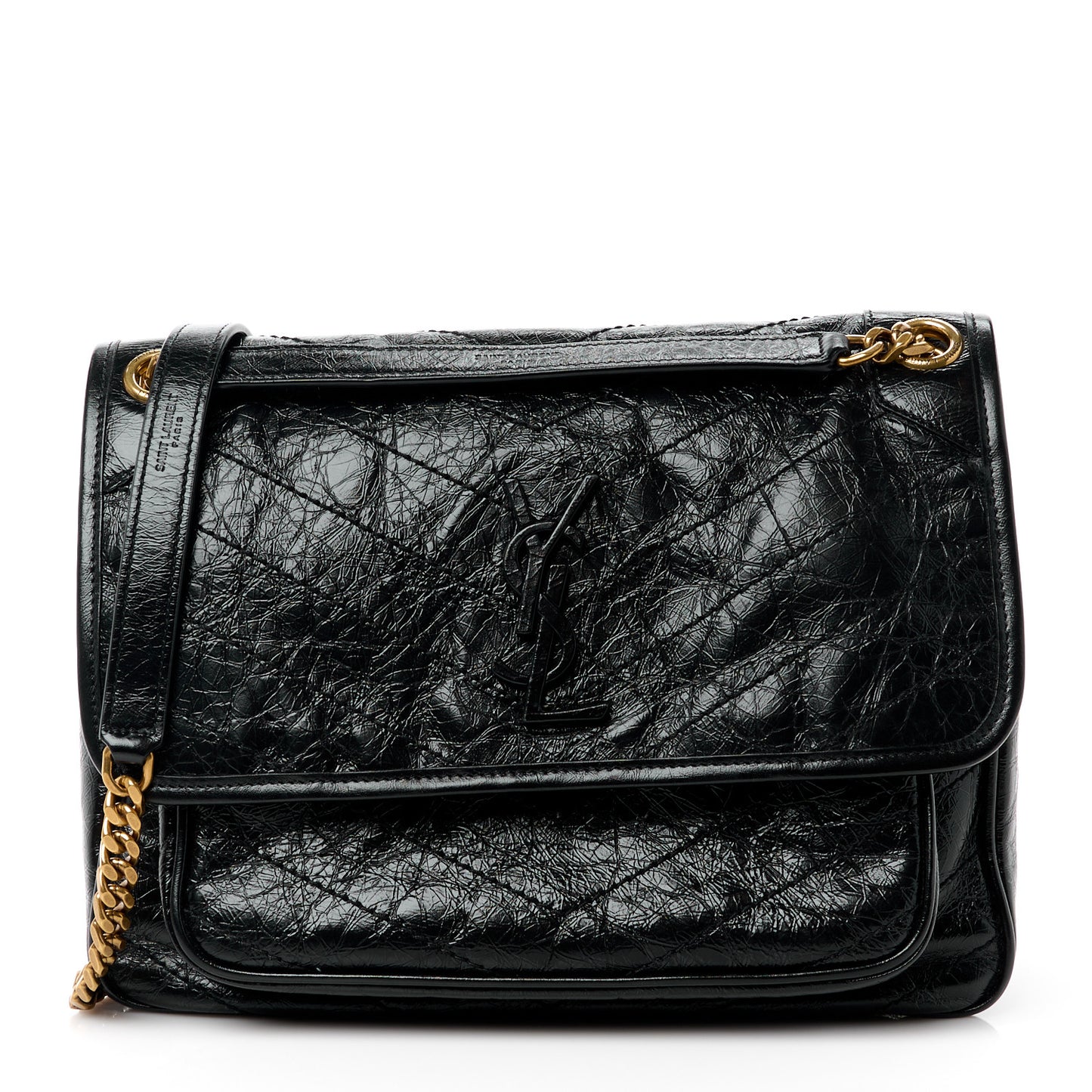 Crinkled Calfskin Matelasse Monogram Medium Niki Chain Satchel Black