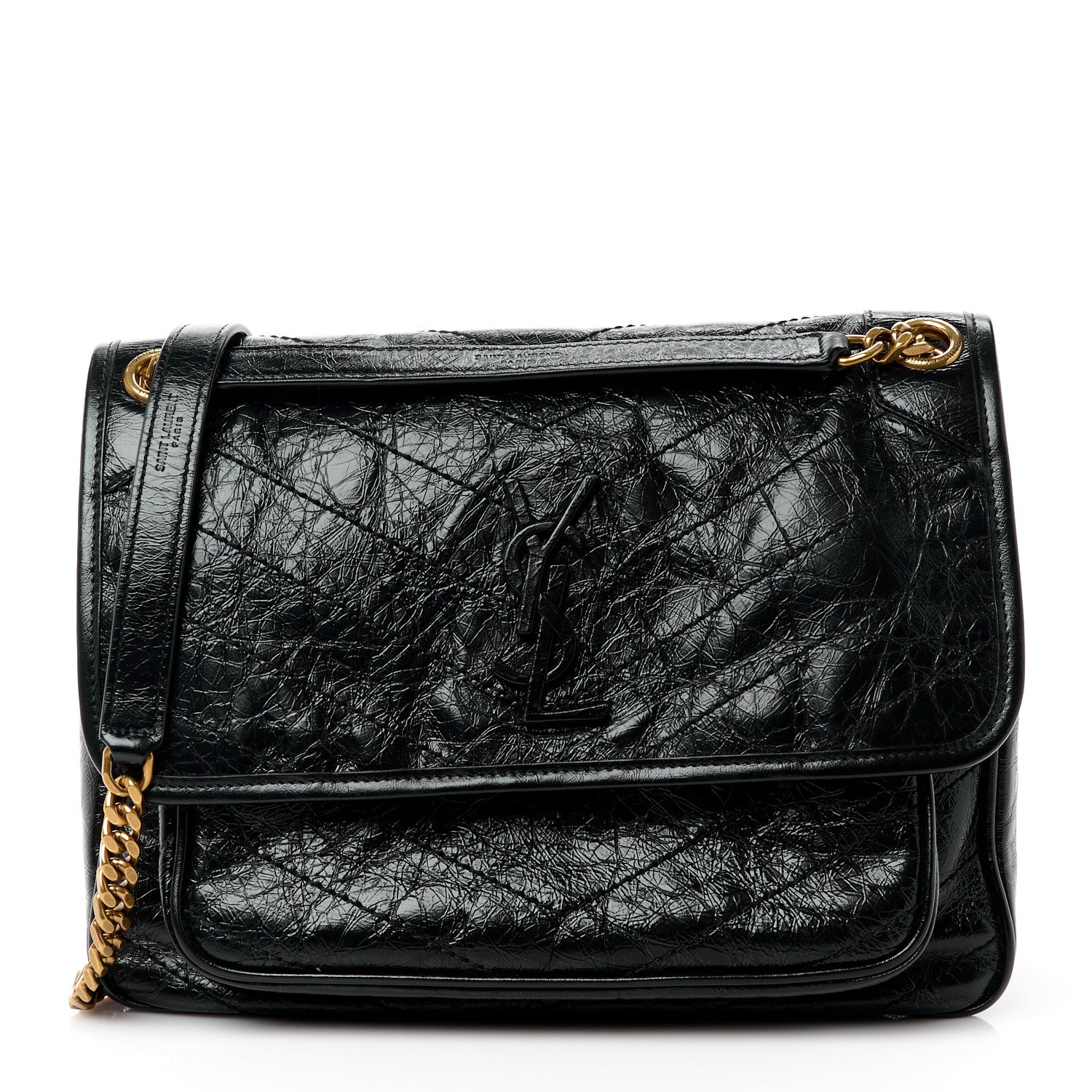Saint Laurent Crinkled Calfskin Matelasse Monogram Medium Niki Chain Satchel Black 1 of 12