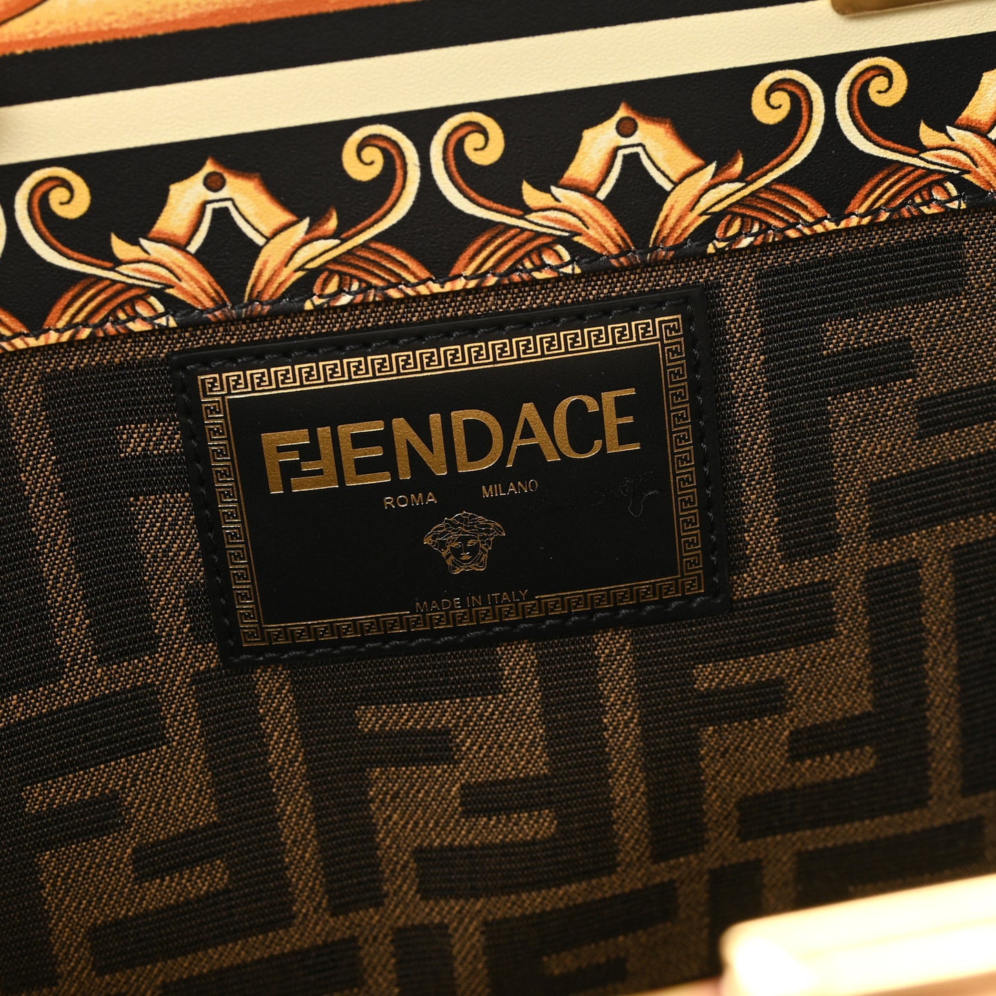 X VERSACE Calfskin Plexiglass Fendace FF Baroque Print Medium Fendi Sunshine Shopper Tote Black Gold