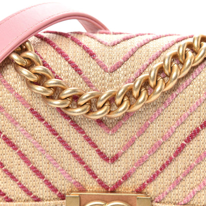 Chanel Cotton Canvas Calfskin Chevron Embroidered Small Boy Flap Beige Pink 9 of 11