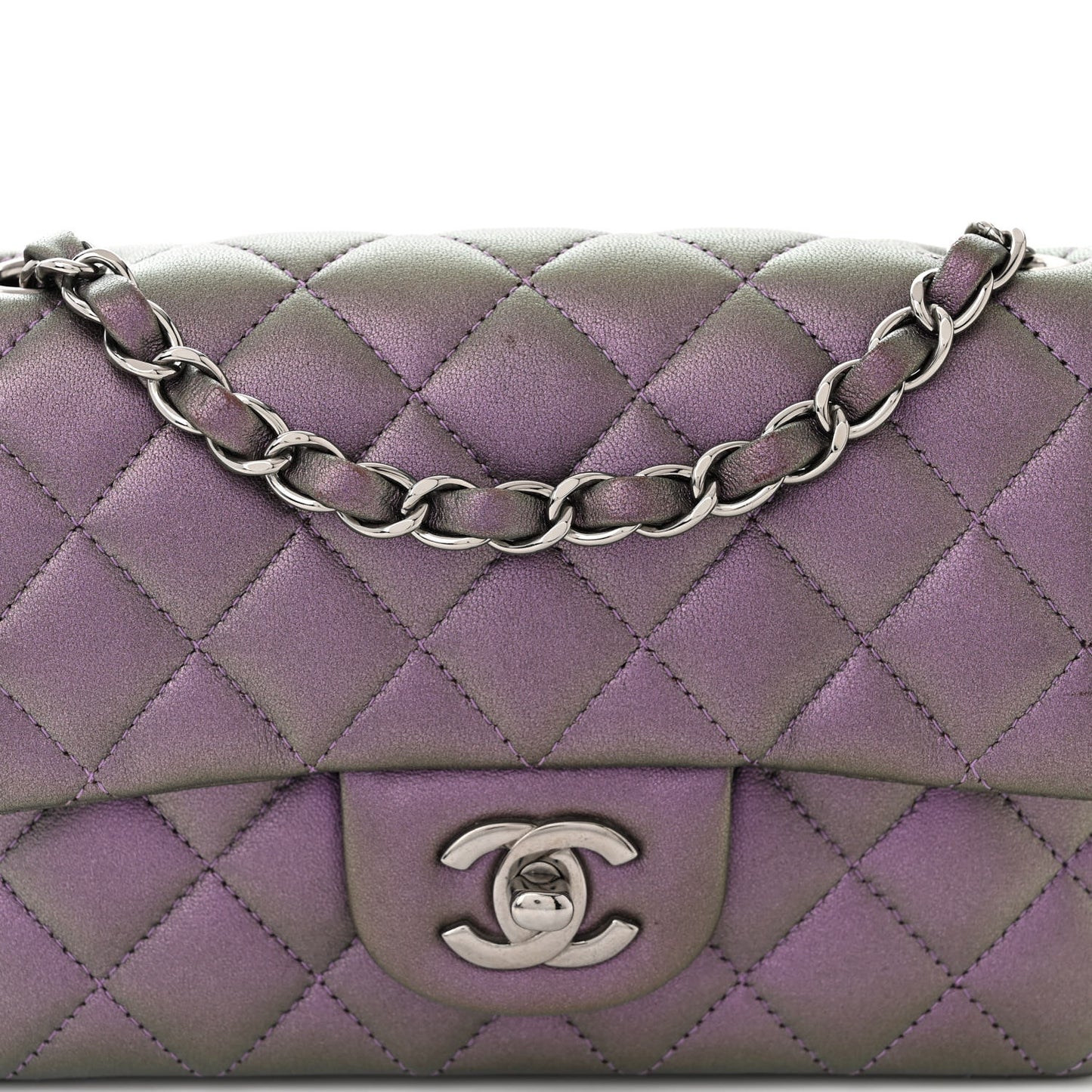 Iridescent Lambskin Quilted Mini Rectangular Flap Dark Purple