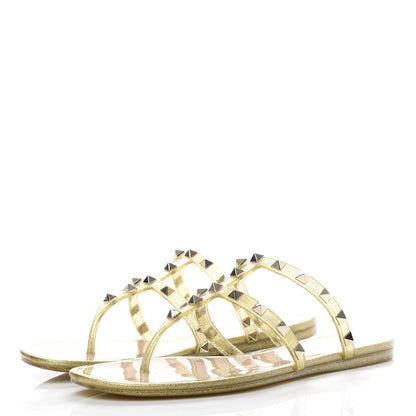 Valentino Garavani PVC Jelly Glitter Rockstud Caged Flat Thong Sandals 39 Oro 3 of 8