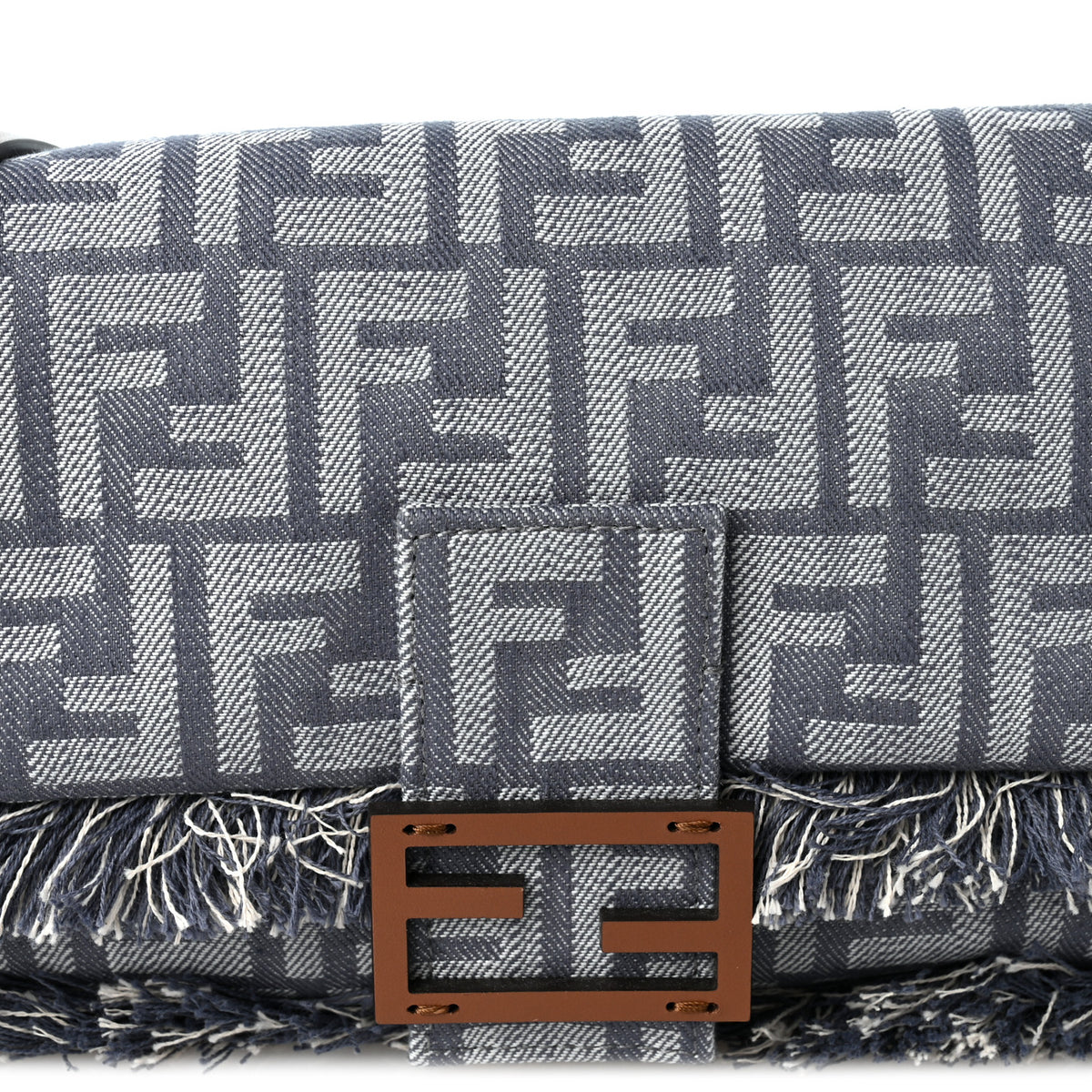 Denim Vitello King Fringe FF Embroidered Baguette Denim Myrtle Dark Nut