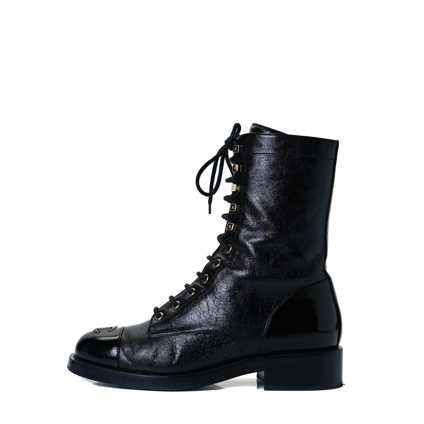 Crumpled Calfskin Lace Up Combat Boots 39.5 Black