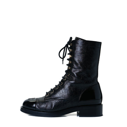 Chanel Crumpled Calfskin Lace Up Combat Boots 39.5 Black 1 of 8