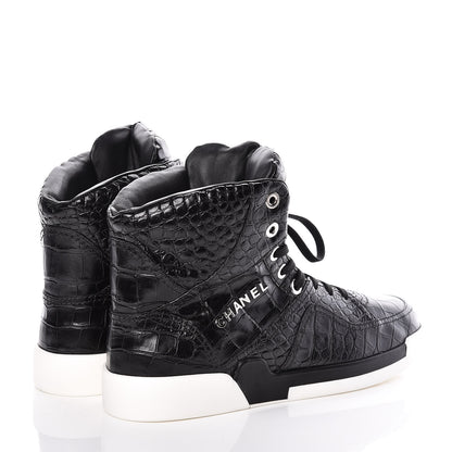 Chanel Calfskin Crocodile Embossed Mens Cocodile High Top Sneakers 43 Black 4 of 8
