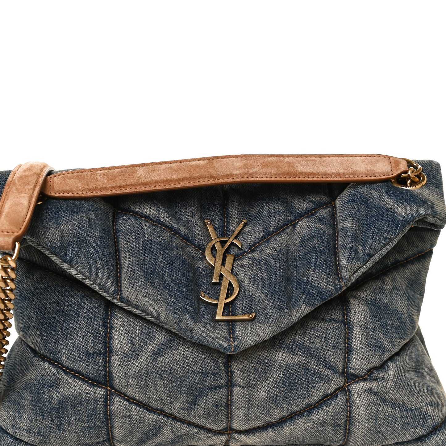 Denim Quilted Small Loulou Puffer Monogram Chain Satchel Blue Cinnamon