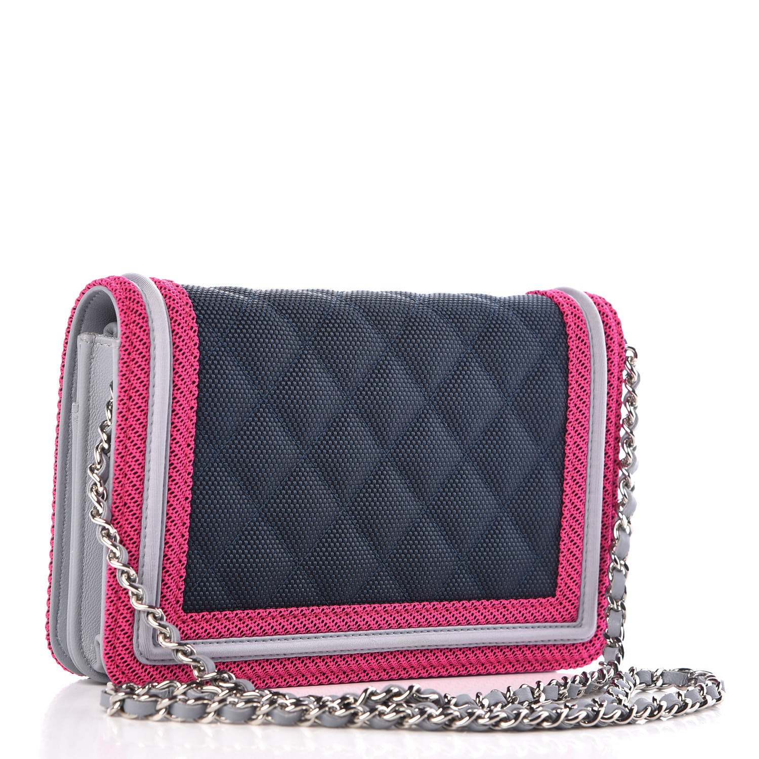 Chanel Canvas Quilted Fluo Boy Wallet On Chain WOC Dark Navy Fuchsia Grey 3 of 11