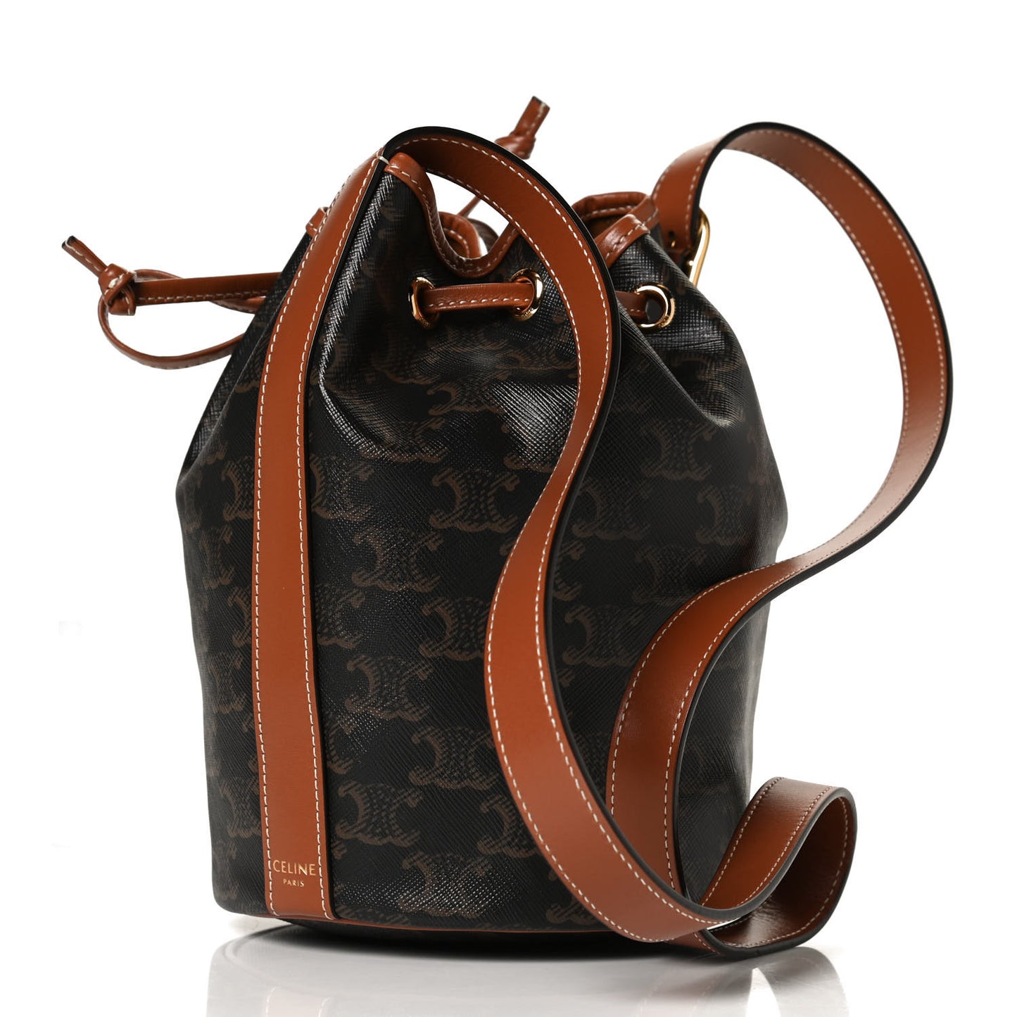 Triomphe Canvas Calfskin Small Drawstring Bucket Bag Tan