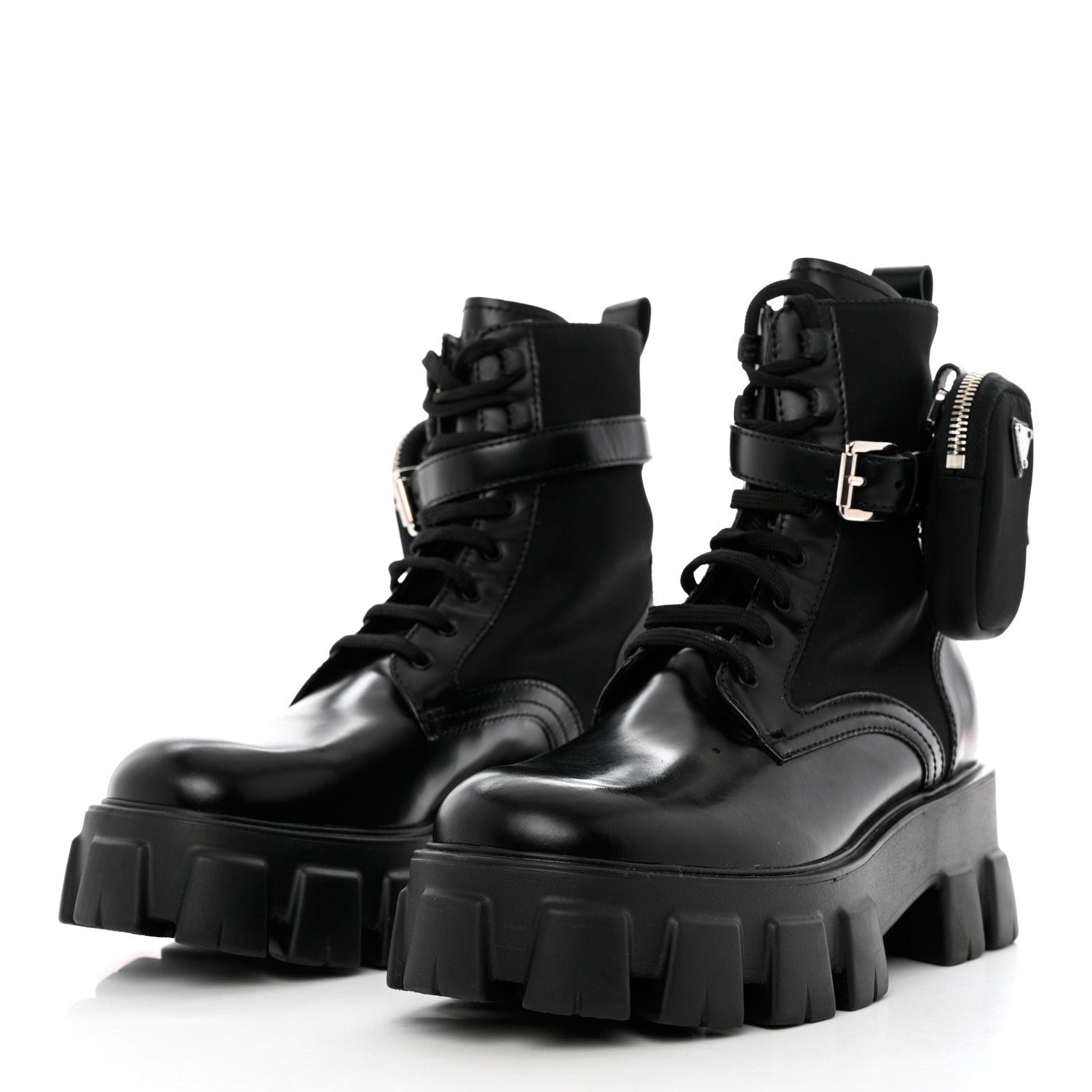 Prada Spazzolato Rois Re-Nylon Metal Triangle Logo Monolith Pouch Pocket 55mm Boots 39.5 Black 3 of 9
