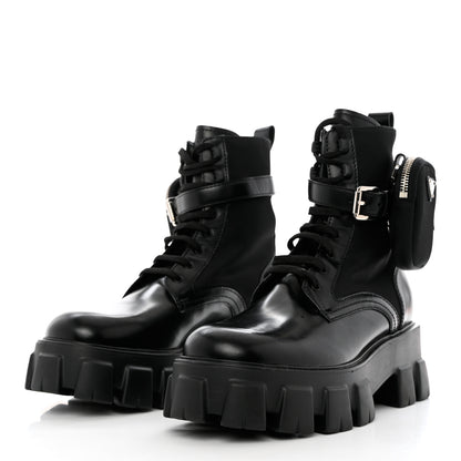 Prada Spazzolato Rois Re-Nylon Metal Triangle Logo Monolith Pouch Pocket 55mm Boots 39.5 Black 3 of 9
