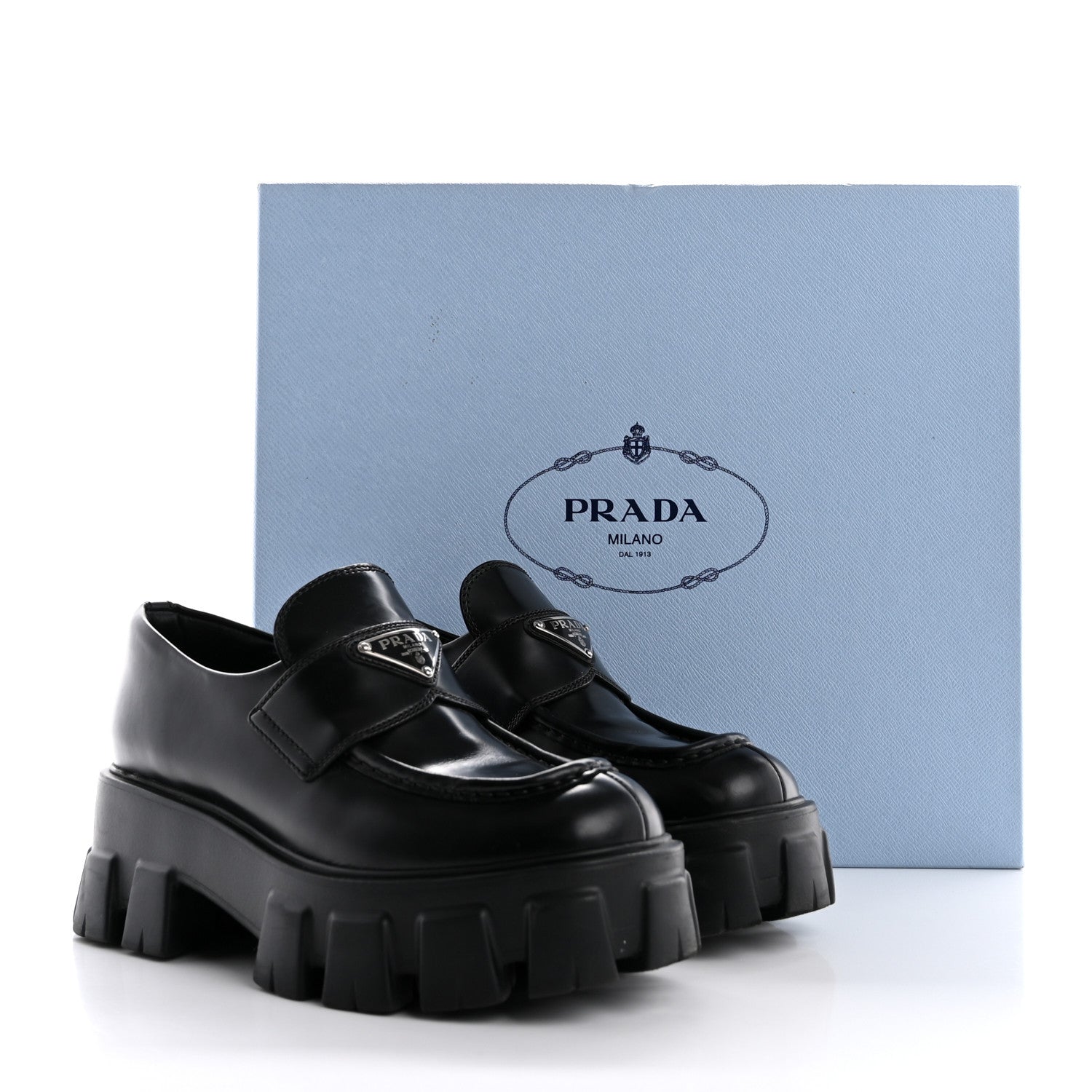 Prada Spazzolato Rois Metal Triangle Logo Monolith 55mm Loafers 36 Black 12 of 12